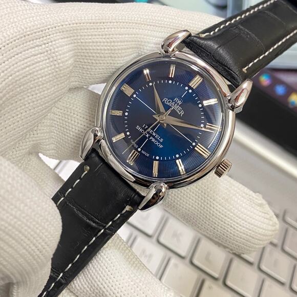 Vintage 1979 Roamer Manual Mens Silver Watch W/Leather Strap & Blue accents